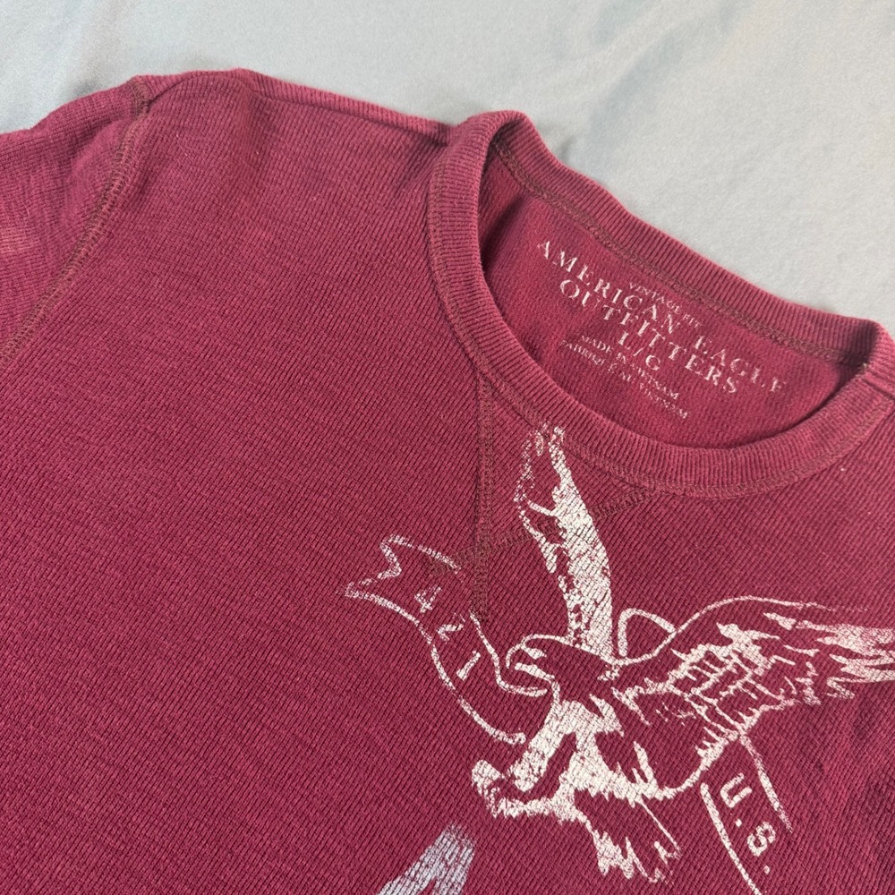 American Eagle Mens Burgundy Waffle Knit Thermal Long Sleeve Shirt Large Vintage